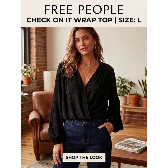 Free People Tops - FREE PEOPLE Women's Check On It Wrap Top Black Balloon Sleeve Draped Blouse Sz L